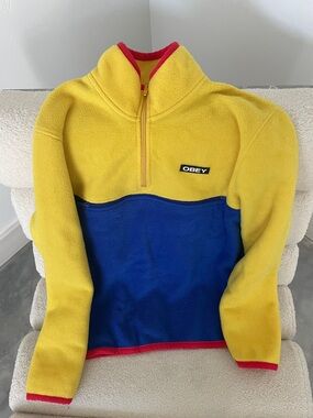 Men’s Obey Yellow and Blue Colorblock Half-Zip Fleece with Red Trim